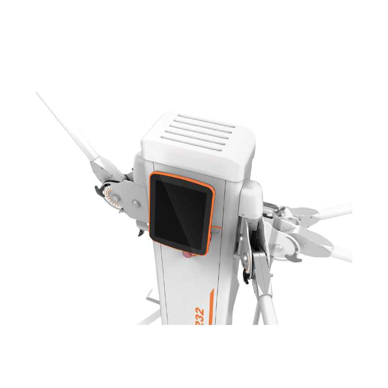 Detailopname van de bedienkop van de DFX Servo Trainer T232: 12 inch touchscreen met oranje rand, geribbeld ventilatiepaneel bovenop, de gekartelde hoekverstelling van de arm en het opschrift T232 op de kolom