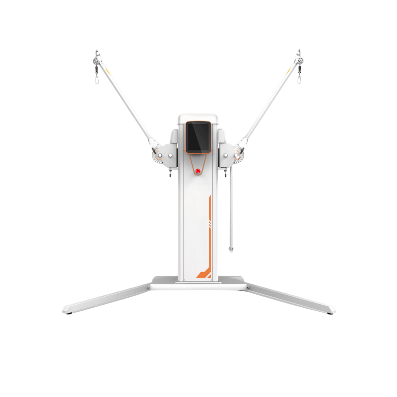 DFX Servo Trainer T232 recht van voren: touchscreen centraal op de witte kolom, rode noodstop eronder, beide armen symmetrisch schuin omhoog met kabels en karabijnhaken, brede vloervoet met twee steunen
