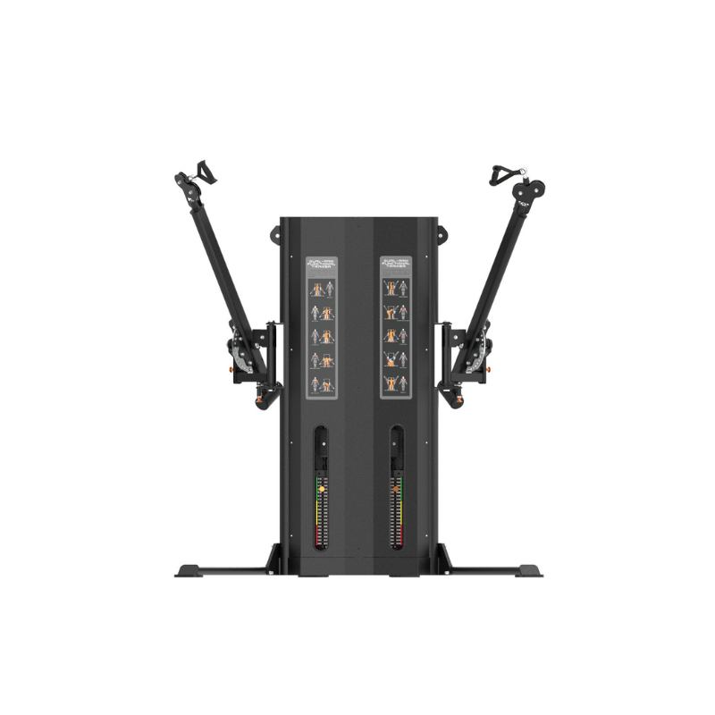 Miniatuur: DFX Dual-arm Functional Trainer recht van voren: beide gewichtstapels naast elkaar, twee zwenkarmen symmetrisch omhoog en de vloervoet met dwarssteunen