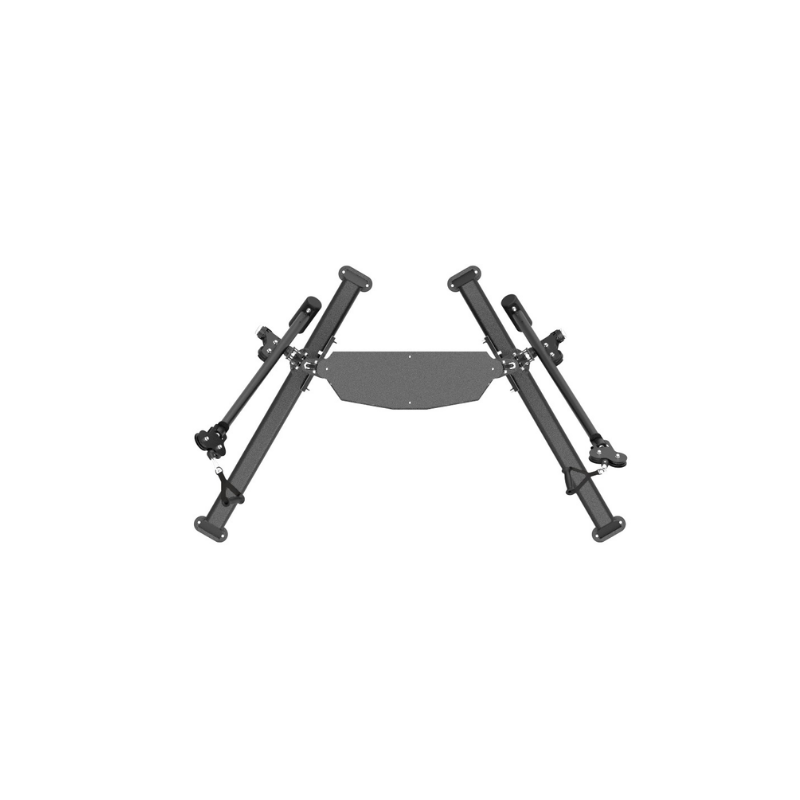 Miniatuur: DFX Dual-arm Functional Trainer van bovenaf: beide zwenkarmen uitgeklapt en het bovenpaneel tussen de kolommen